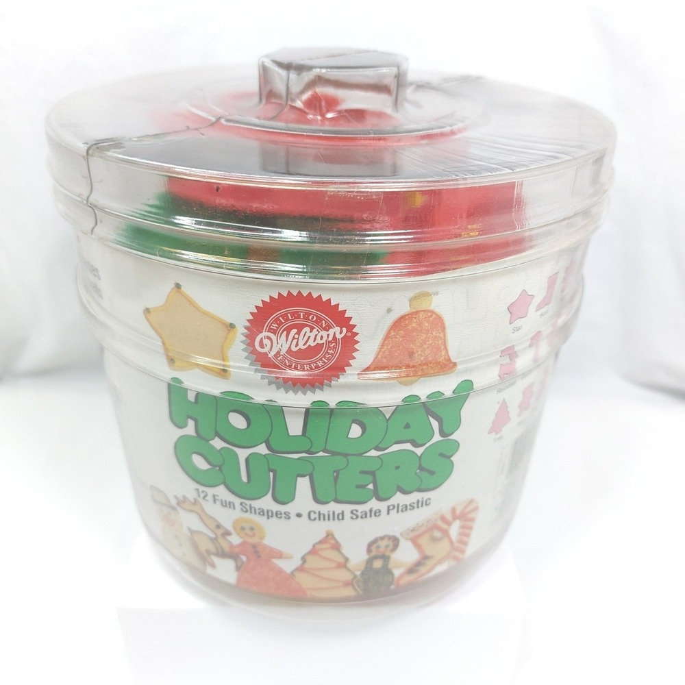 Wilton 1994 12 Piece Holiday Christmas Cookie Cutters‎ Plastic Canister